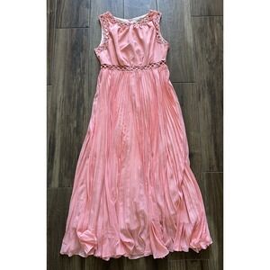 Fehaute Orange Hollow Out Pleated Chiffon Crew Neck Sleeveless A-Line Maxi Dress